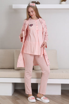 Baby Patterned 3-Piece Maternity-Nursing Pajama & Robe Set Salmon - 3432