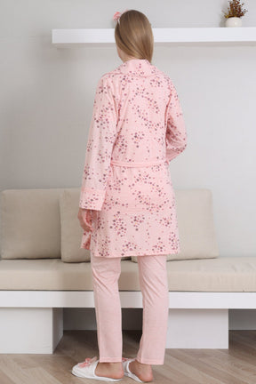 Baby Patterned 3-Piece Maternity-Nursing Pajama & Robe Set Salmon - 3432