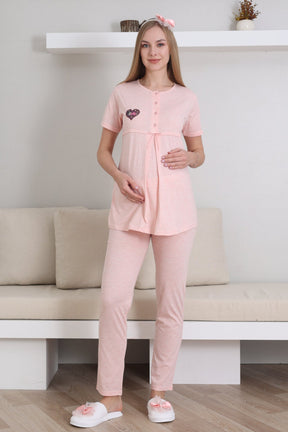 Baby Patterned 3-Piece Maternity-Nursing Pajama & Robe Set Salmon - 3432