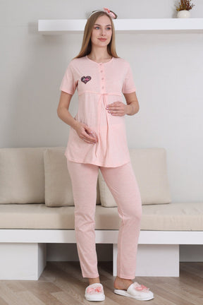 Baby Patterned 3-Piece Maternity-Nursing Pajama & Robe Set Salmon - 3432
