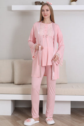 Guipure Collar 3-Piece Maternity-Nursing Pajama & Robe Set Salmon - 3433