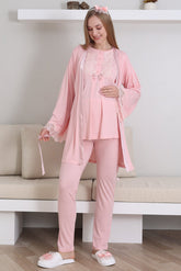 Guipure Collar 3-Piece Maternity-Nursing Pajama & Robe Set Salmon - 3433
