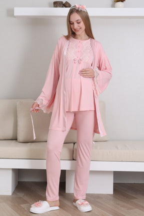 Guipure Collar 3-Piece Maternity-Nursing Pajama & Robe Set Salmon - 3433