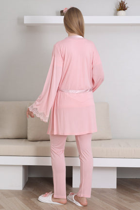 Guipure Collar 3-Piece Maternity-Nursing Pajama & Robe Set Salmon - 3433