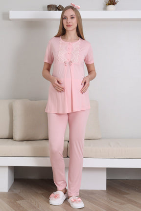 Guipure Collar 3-Piece Maternity-Nursing Pajama & Robe Set Salmon - 3433