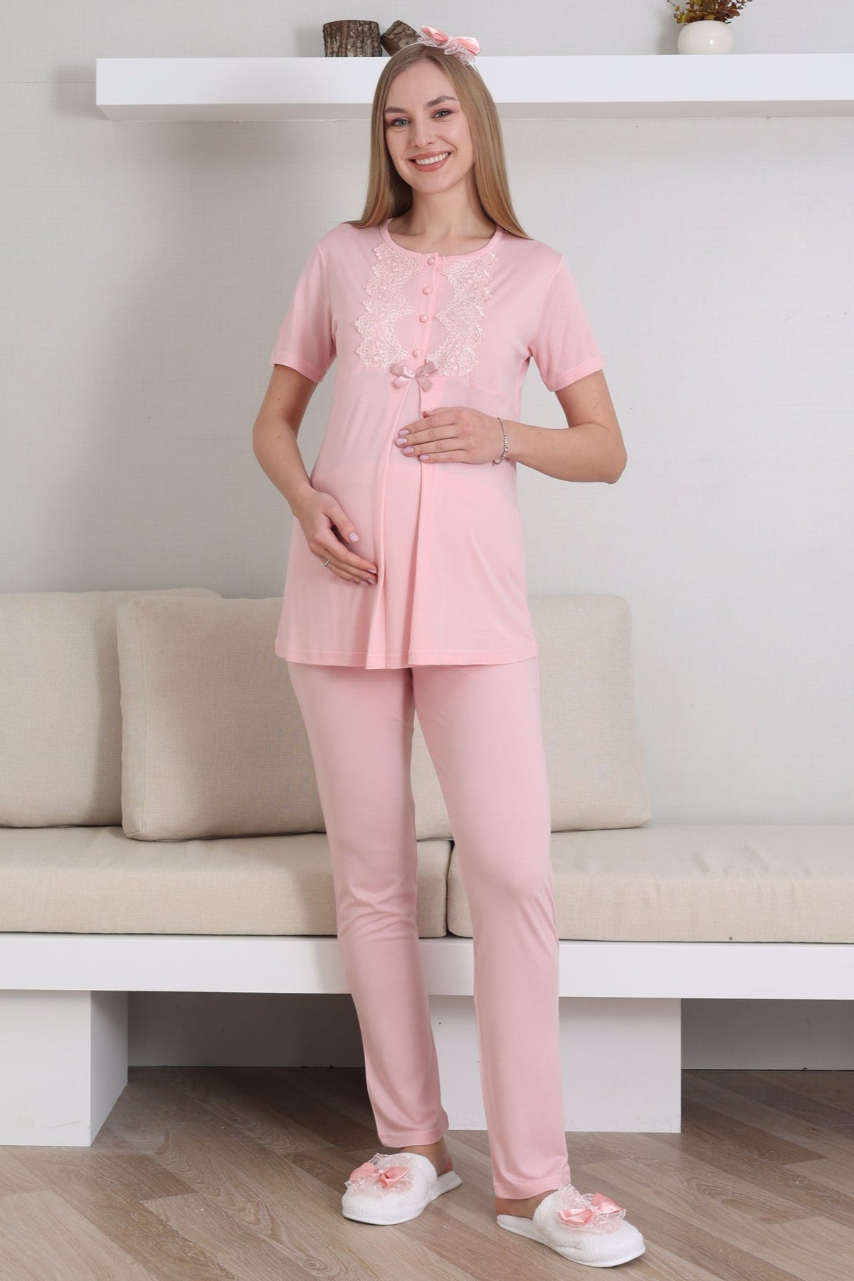 Guipure Collar 3-Piece Maternity-Nursing Pajama & Robe Set Salmon - 3433