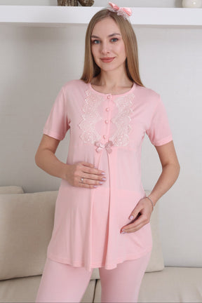 Guipure Collar 3-Piece Maternity-Nursing Pajama & Robe Set Salmon - 3433