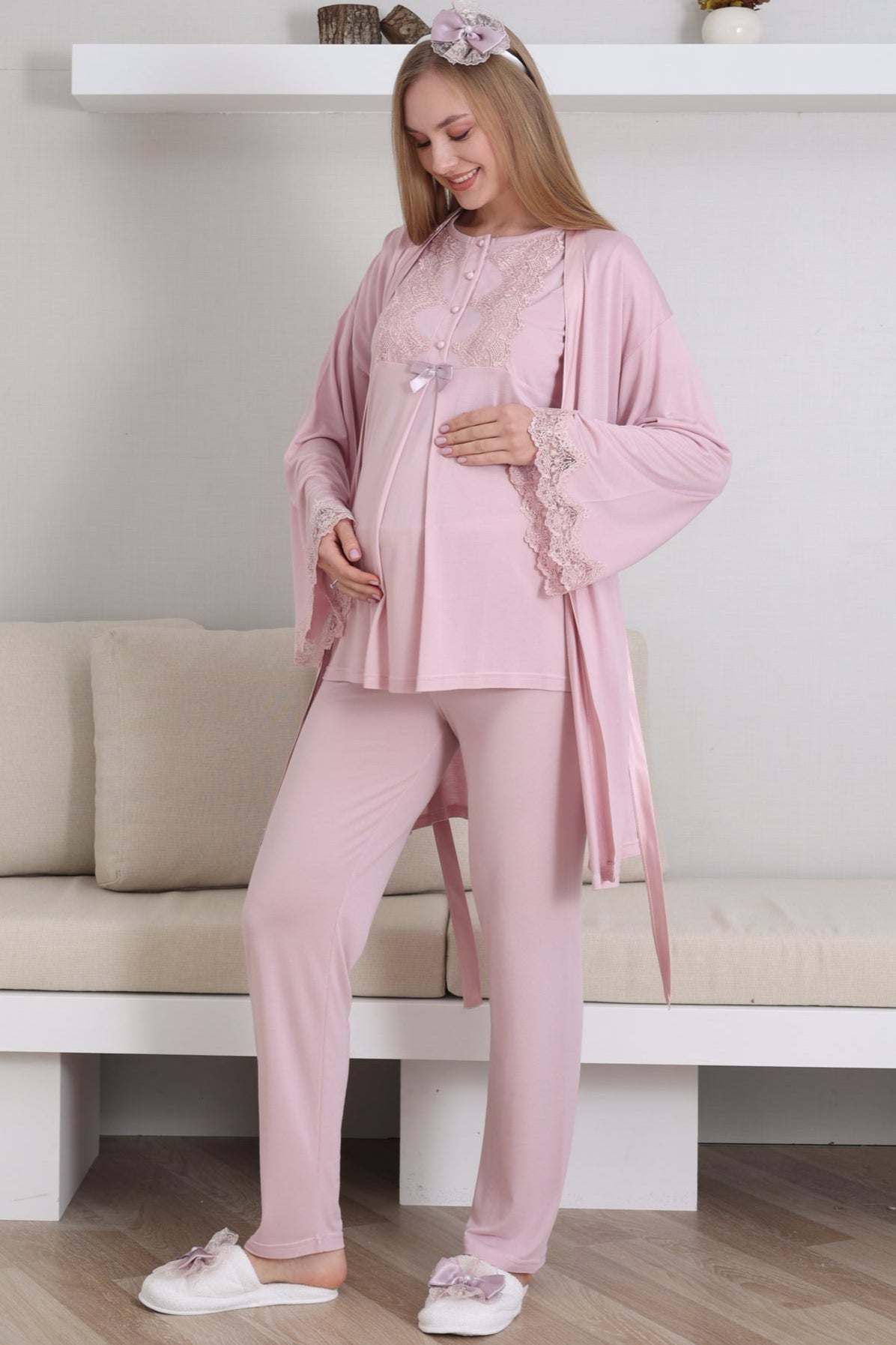 Guipure Collar 3-Piece Maternity-Nursing Pajama & Robe Set Powder - 3433