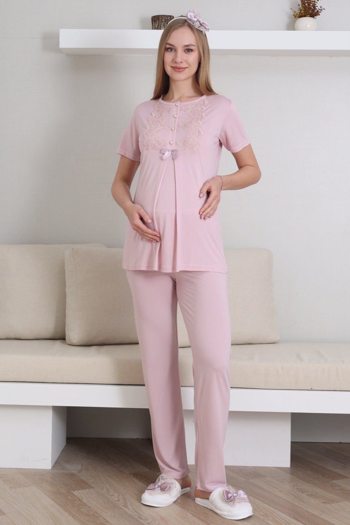 Guipure Collar 3-Piece Maternity-Nursing Pajama & Robe Set Powder - 3433