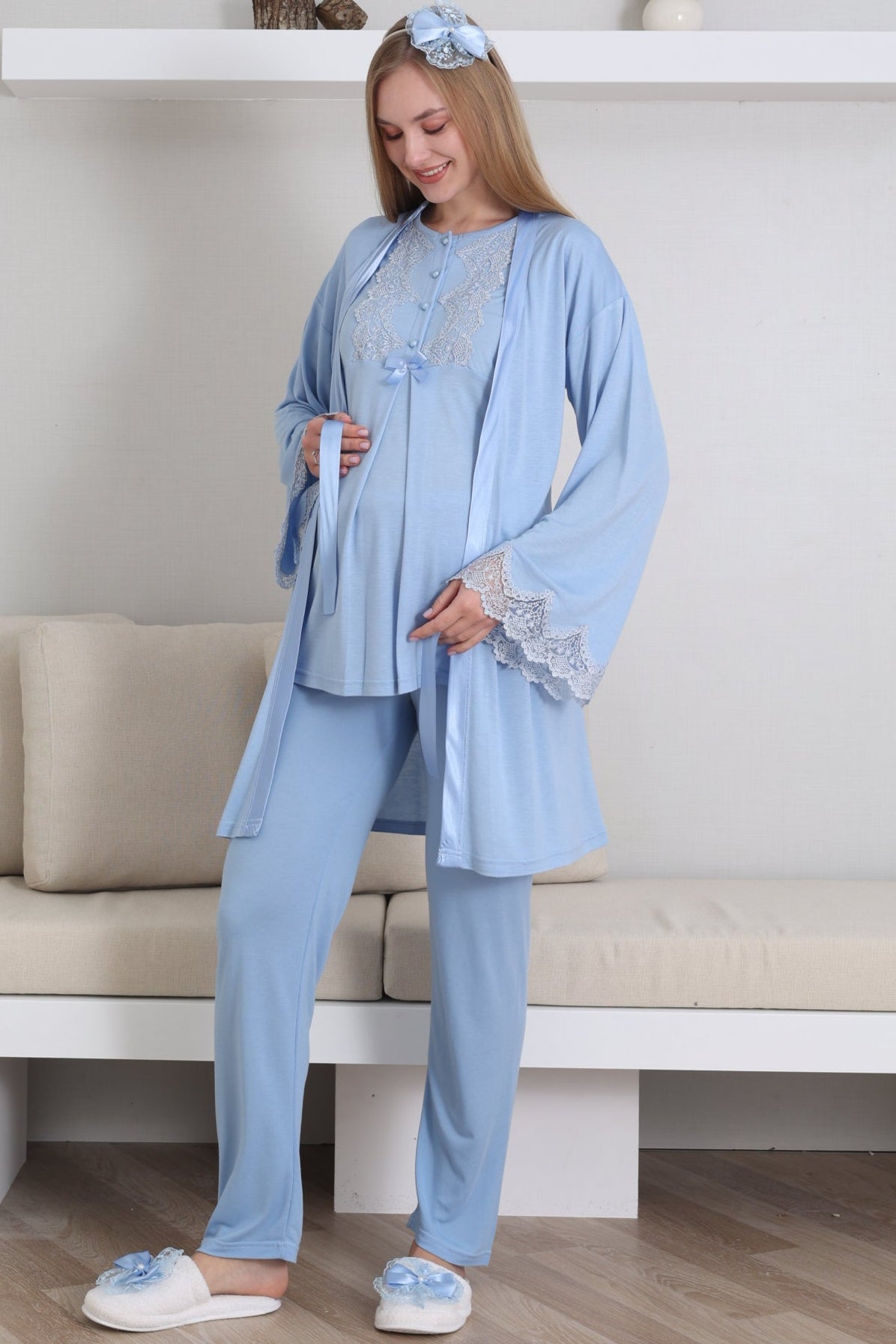 Guipure Collar 3-Piece Maternity-Nursing Pajama & Robe Set Blue - 3433