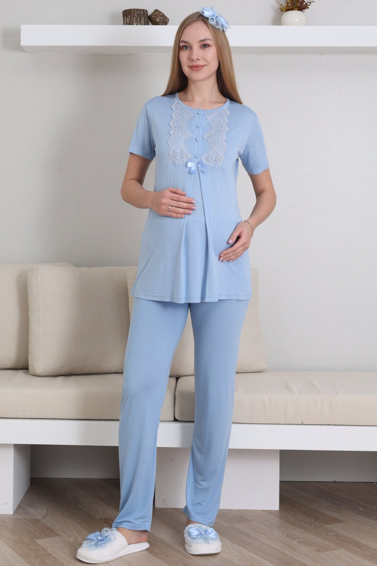Guipure Collar 3-Piece Maternity-Nursing Pajama & Robe Set Blue - 3433
