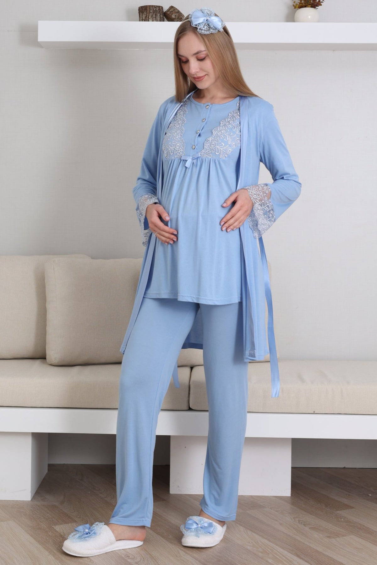 Lace Sleeve 3-Piece Maternity-Nursing Pajama & Robe Set Blue - 3434