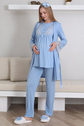 Lace Sleeve 3-Piece Maternity-Nursing Pajama & Robe Set Blue - 3434