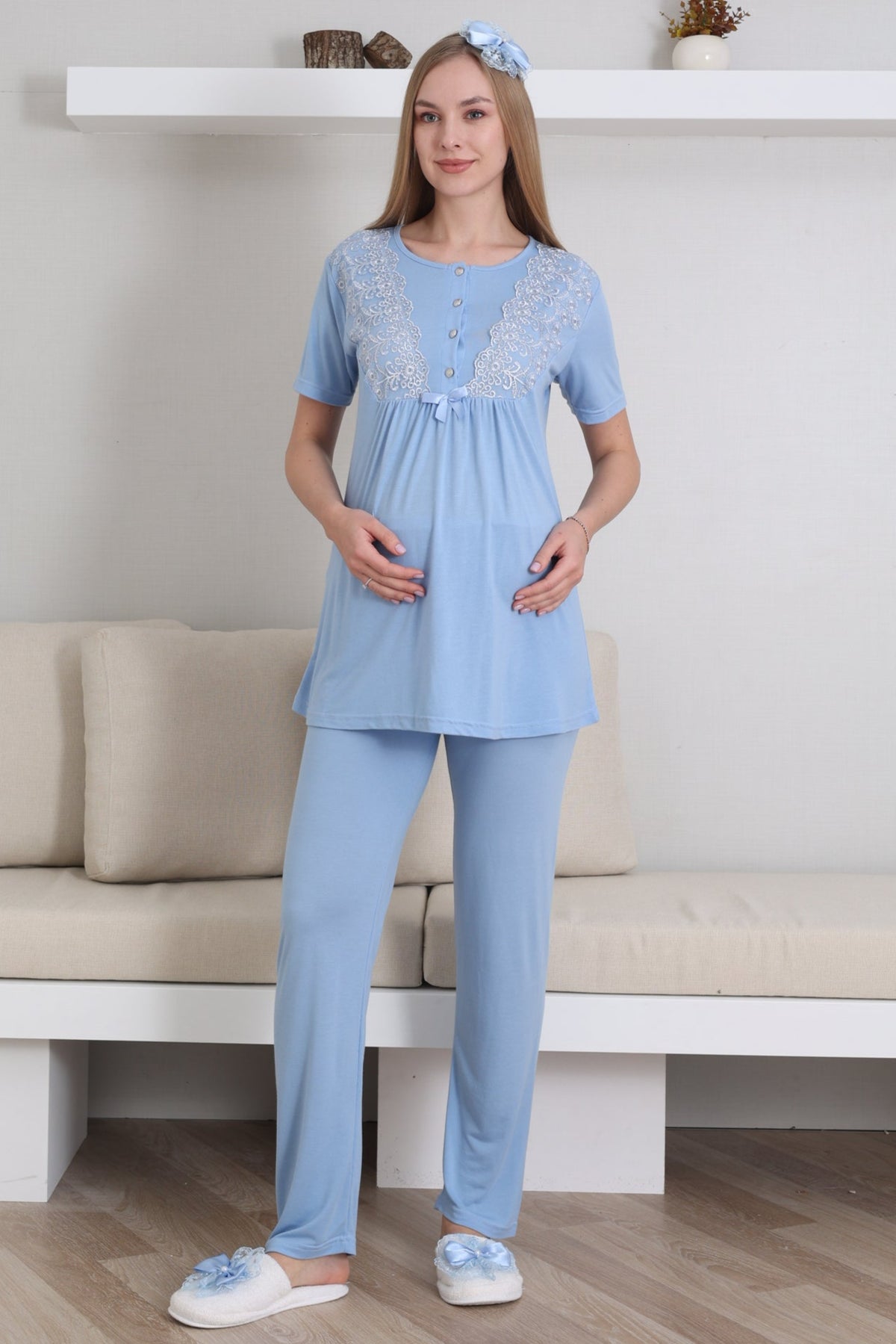 Lace Sleeve 3-Piece Maternity-Nursing Pajama & Robe Set Blue - 3434