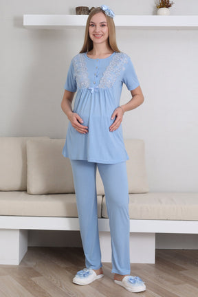Lace Sleeve 3-Piece Maternity-Nursing Pajama & Robe Set Blue - 3434