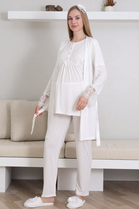 Lace Sleeve 3-Piece Maternity-Nursing Pajama & Robe Set Ecru - 3434