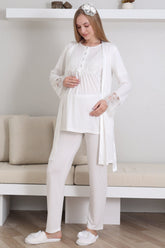 Lace Sleeve 3-Piece Maternity-Nursing Pajama & Robe Set Ecru - 3434