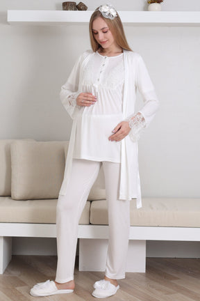 Lace Sleeve 3-Piece Maternity-Nursing Pajama & Robe Set Ecru - 3434