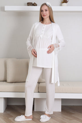 Lace Sleeve 3-Piece Maternity-Nursing Pajama & Robe Set Ecru - 3434