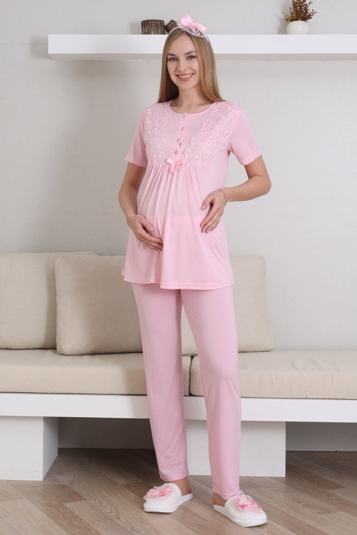 Lace Sleeve 3-Piece Maternity-Nursing Pajama & Robe Set Pink - 3434