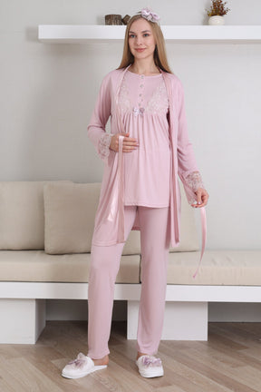 Lace Sleeve 3-Piece Maternity-Nursing Pajama & Robe Set Powder - 3434
