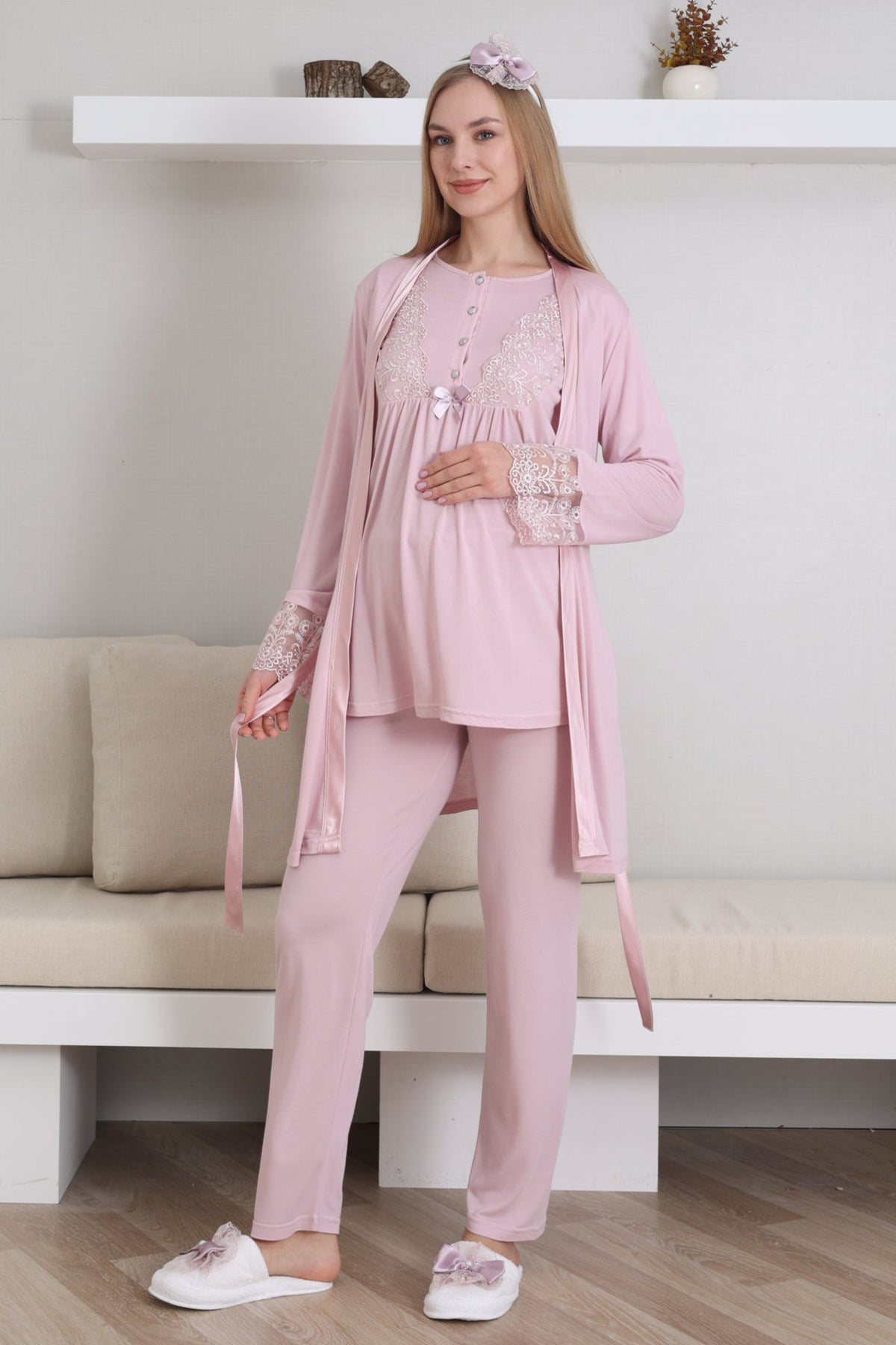 Lace Sleeve 3-Piece Maternity-Nursing Pajama & Robe Set Powder - 3434