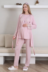 Lace Sleeve 3-Piece Maternity-Nursing Pajama & Robe Set Powder - 3434