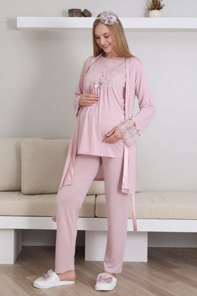 Lace Sleeve 3-Piece Maternity-Nursing Pajama & Robe Set Powder - 3434
