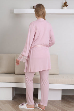 Lace Sleeve 3-Piece Maternity-Nursing Pajama & Robe Set Powder - 3434
