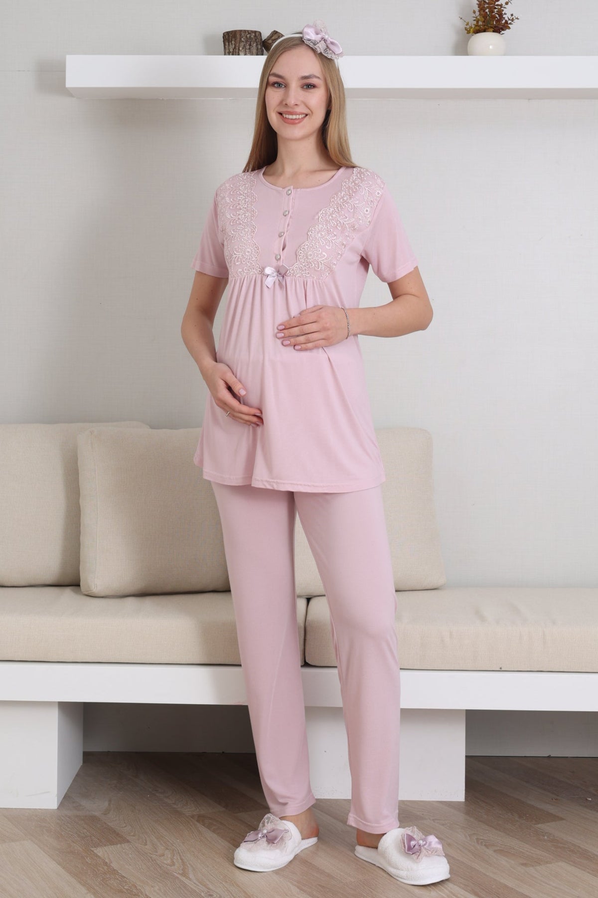 Lace Sleeve 3-Piece Maternity-Nursing Pajama & Robe Set Powder - 3434