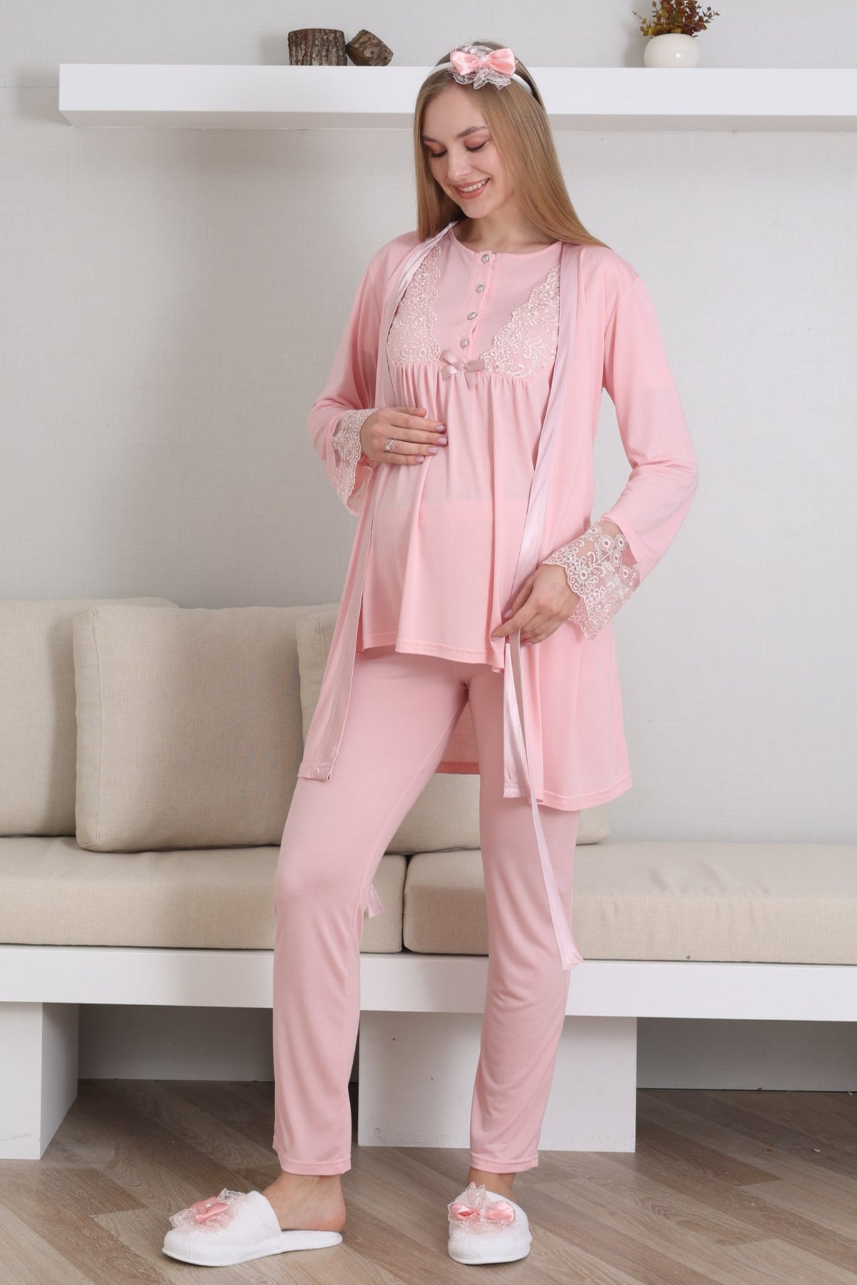 Lace Sleeve 3-Piece Maternity-Nursing Pajama & Robe Set Salmon - 3434