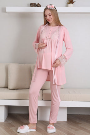 Lace Sleeve 3-Piece Maternity-Nursing Pajama & Robe Set Salmon - 3434
