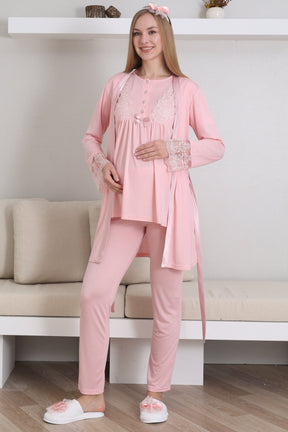 Lace Sleeve 3-Piece Maternity-Nursing Pajama & Robe Set Salmon - 3434