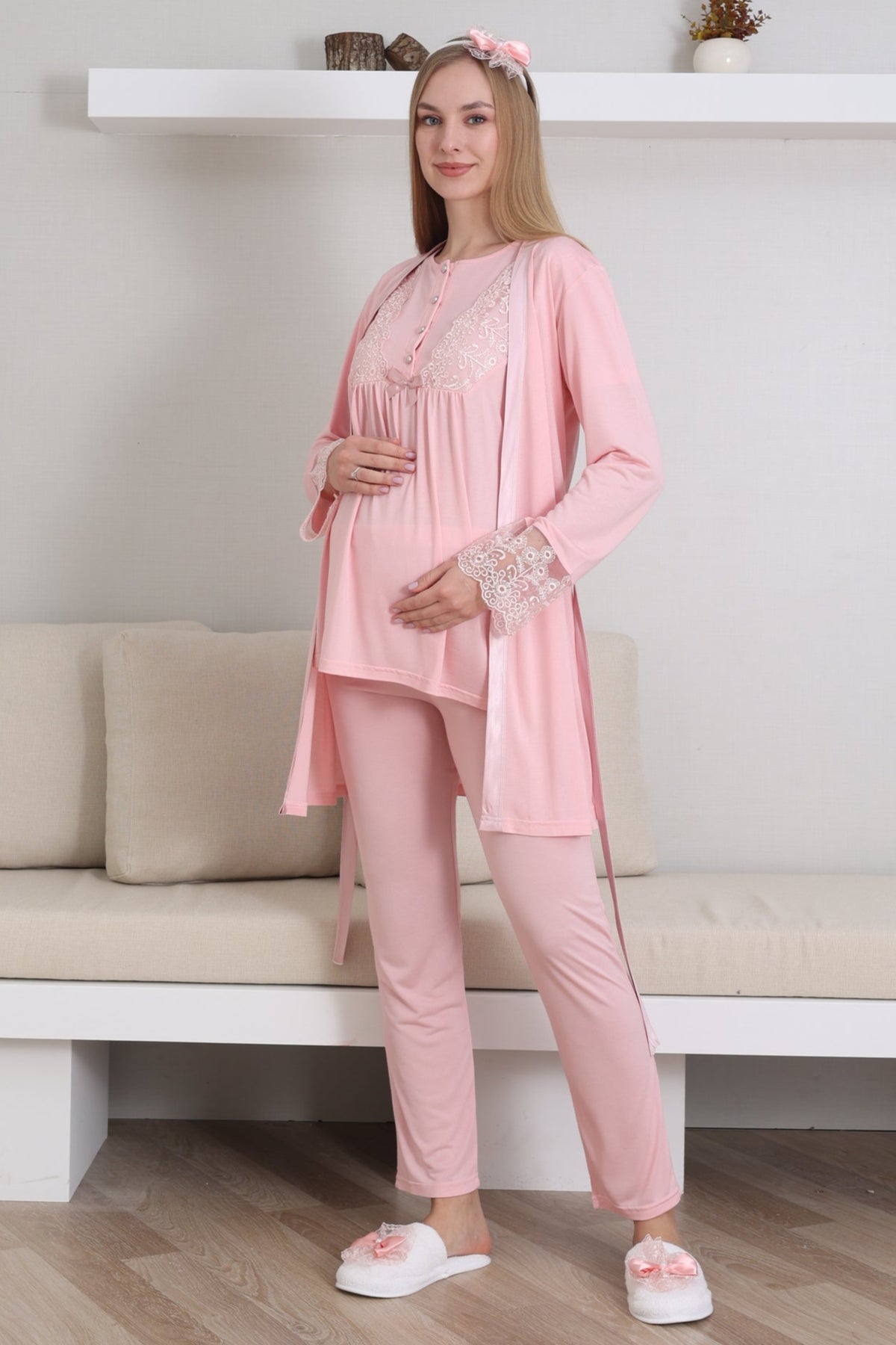 Lace Sleeve 3-Piece Maternity Feeding-Friendly Pajama & Robe Set Salmon - Z3434