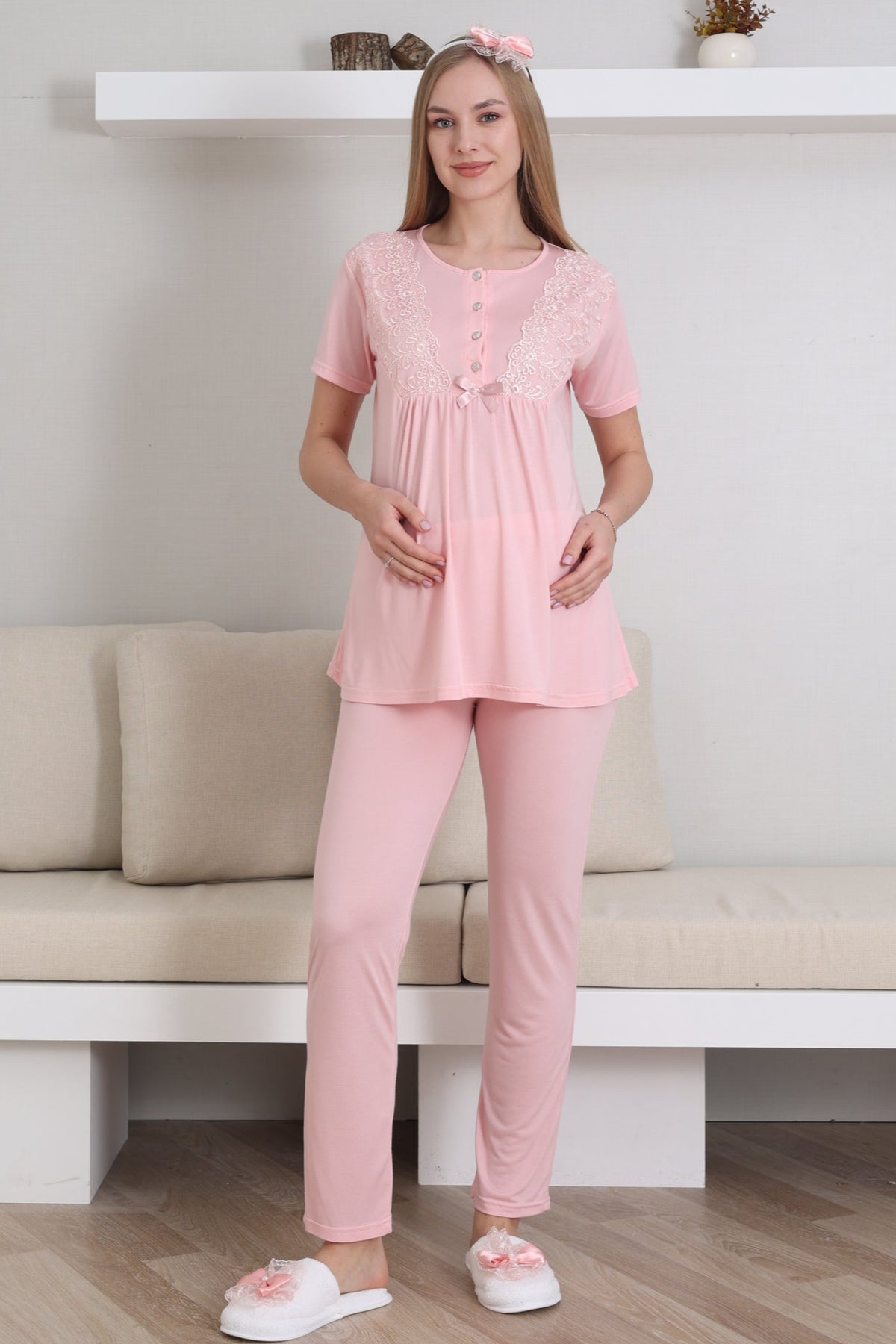 Lace Sleeve 3-Piece Maternity-Nursing Pajama & Robe Set Salmon - 3434