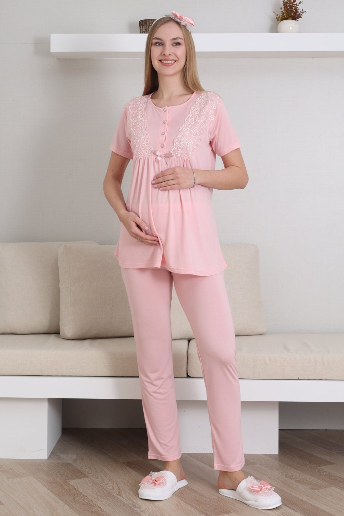 Lace Sleeve 3-Piece Maternity Feeding-Friendly Pajama & Robe Set Salmon - Z3434