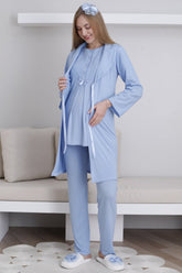 Embroidered 3-Piece Maternity-Nursing Pajama & Robe Set Blue - 3438