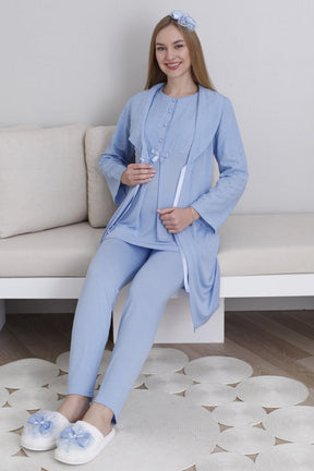 Embroidered 3-Piece Maternity-Nursing Pajama & Robe Set Blue - 3438