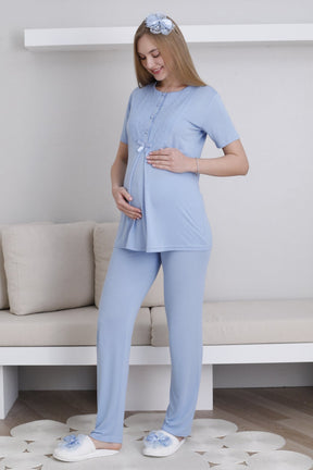 Embroidered 3-Piece Maternity-Nursing Pajama & Robe Set Blue - 3438