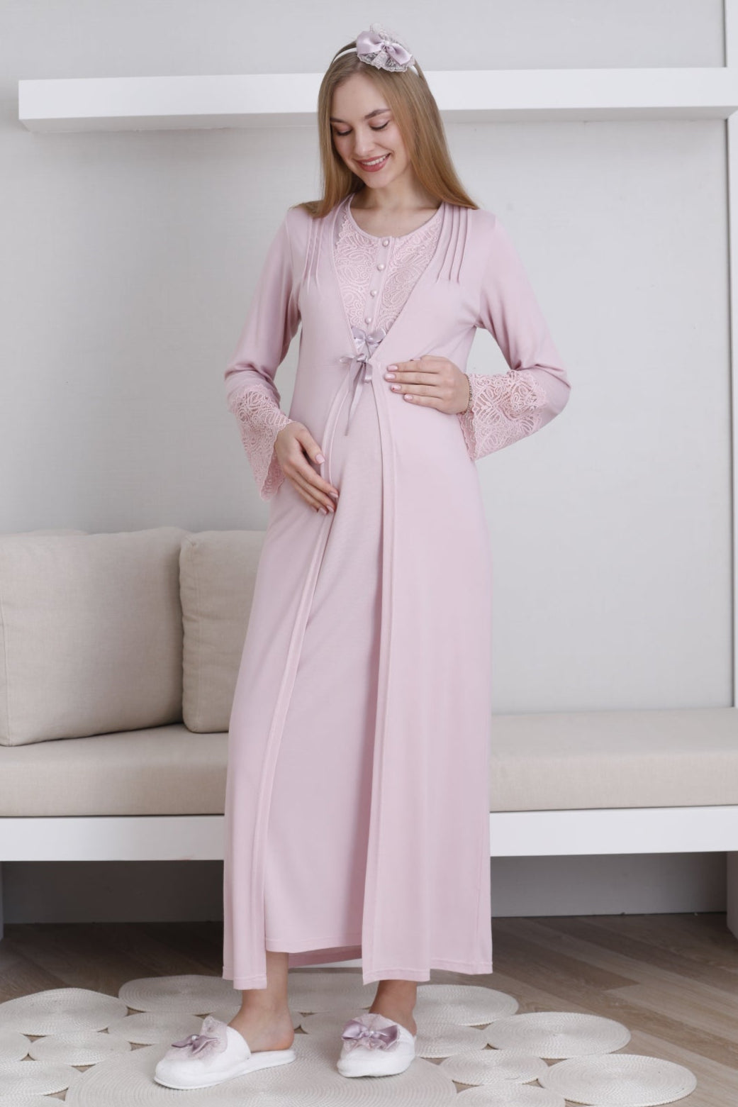 Lace Collar Maternity Feeding-Friendly Nightgown & Lace Sleeve Robe Set Powder - Z2291