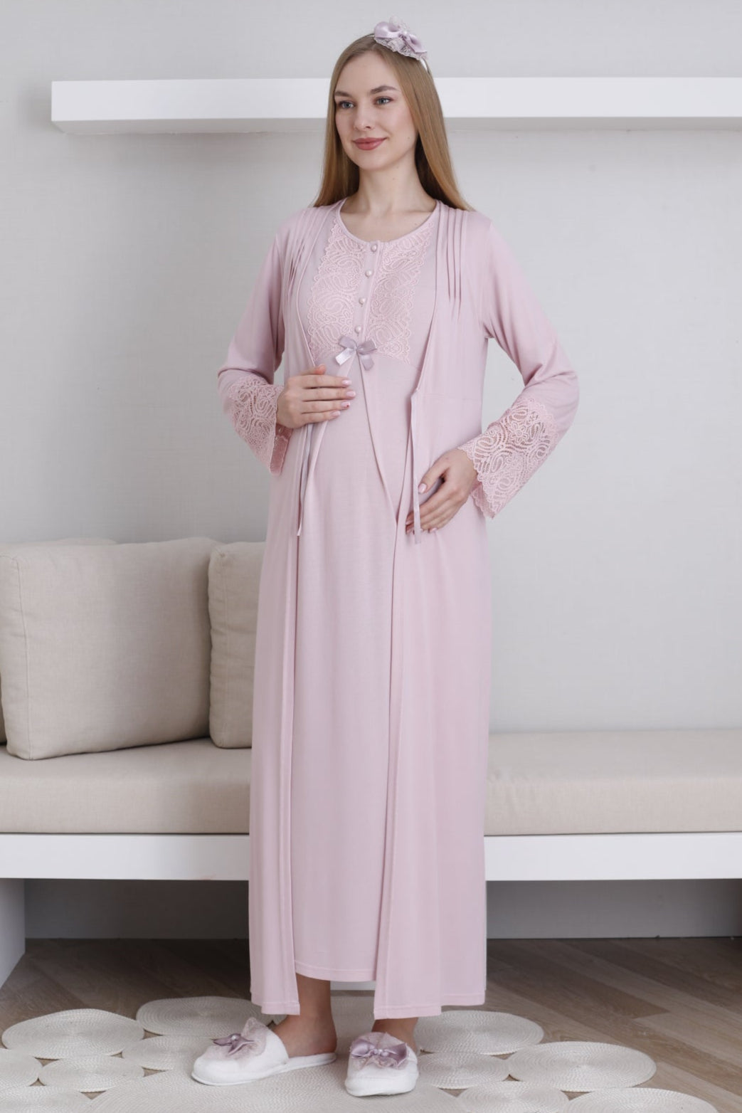 Lace Collar Maternity Feeding-Friendly Nightgown & Lace Sleeve Robe Set Powder - Z2291