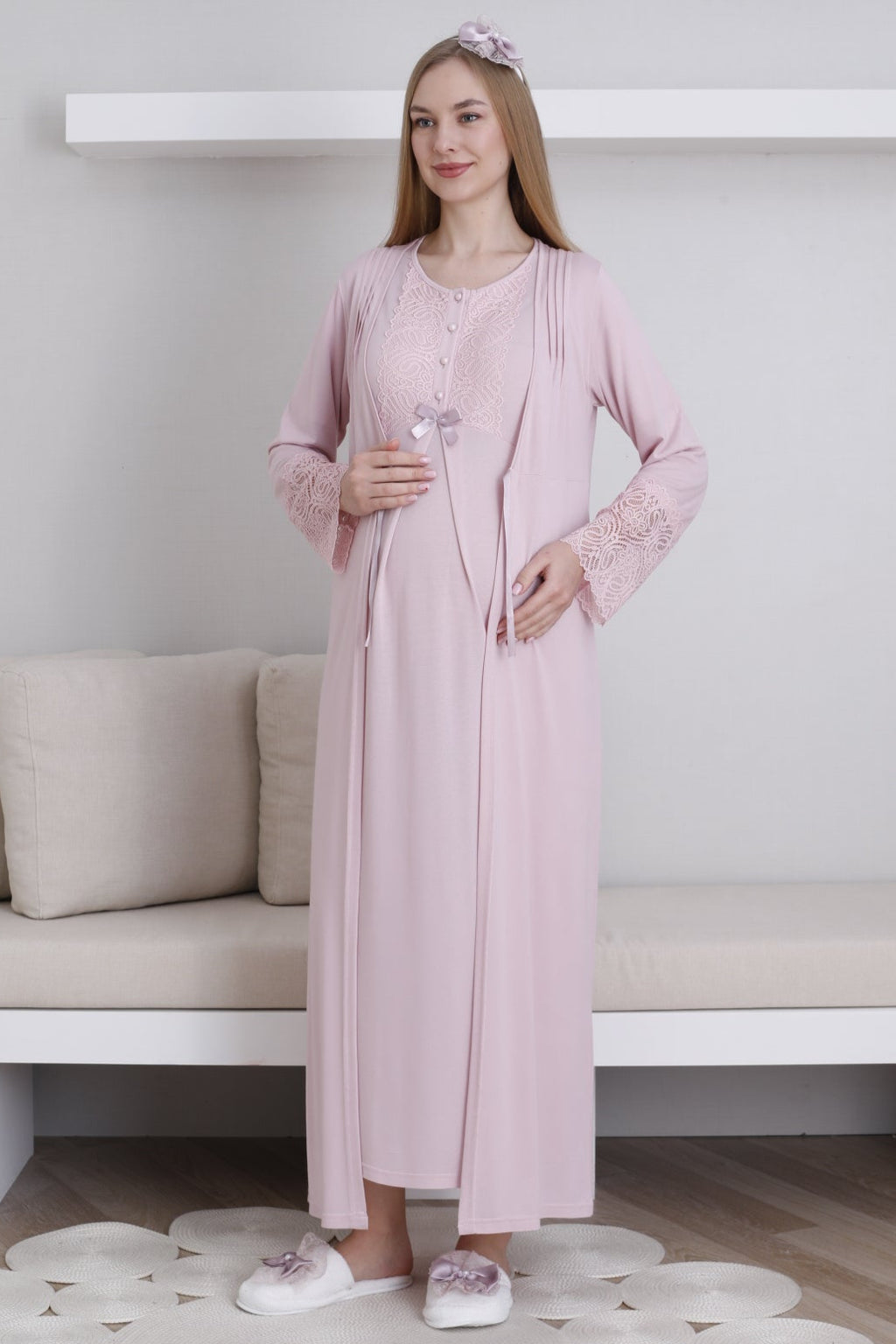 Lace Collar Maternity Feeding-Friendly Nightgown & Lace Sleeve Robe Set Powder - Z2291