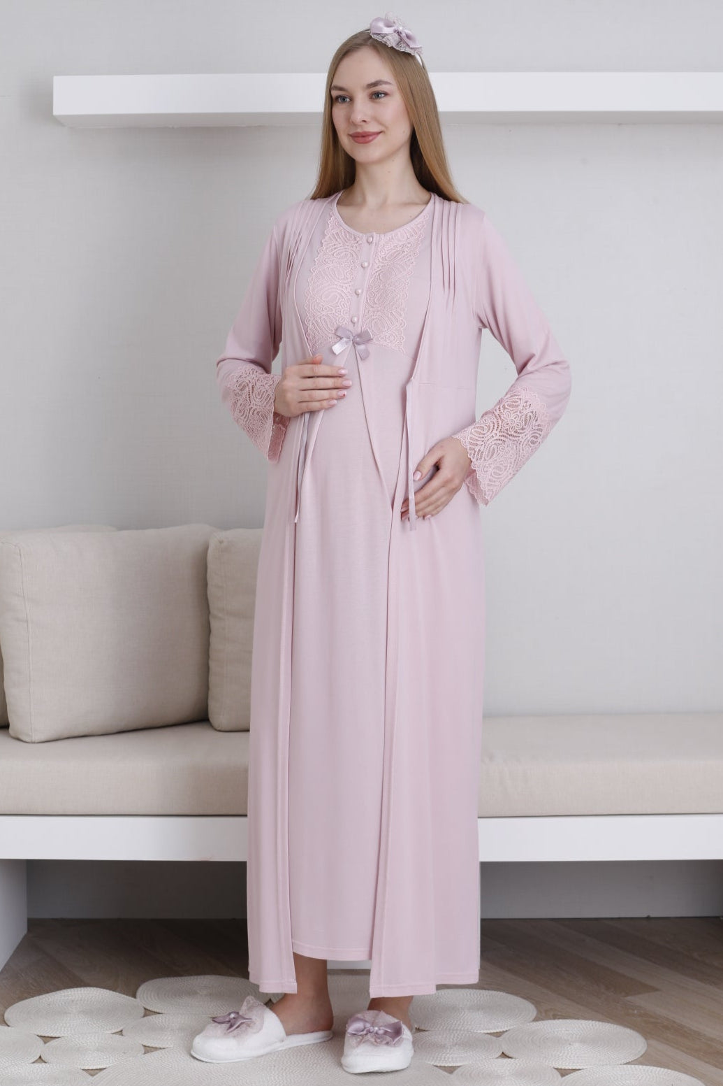 Lace Collar Maternity Feeding-Friendly Nightgown & Lace Sleeve Robe Set Powder - Z2291
