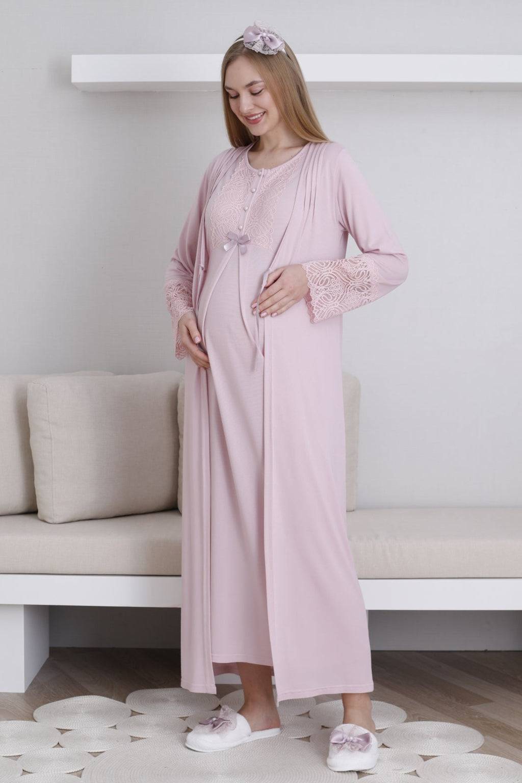 Lace Collar Maternity Feeding-Friendly Nightgown & Lace Sleeve Robe Set Powder - Z2291