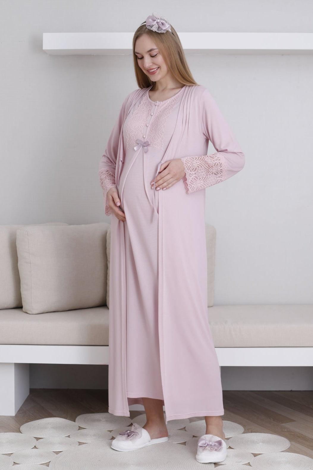 Lace Collar Maternity Feeding-Friendly Nightgown & Lace Sleeve Robe Set Powder - Z2291