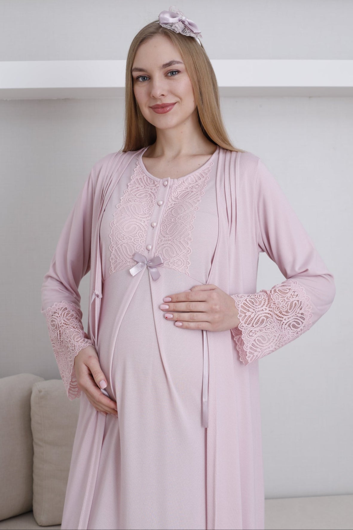 Lace Collar Maternity Feeding-Friendly Nightgown & Lace Sleeve Robe Set Powder - Z2291