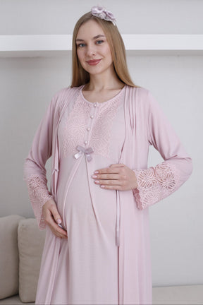 Lace Collar Maternity-Nursing Nightgown & Lace Sleeve Robe Set Powder - 2291
