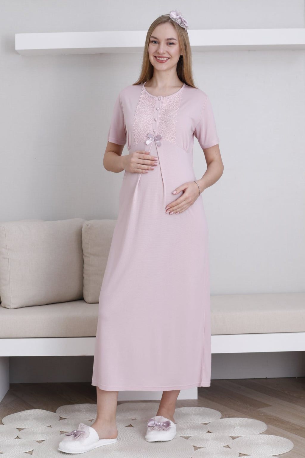Lace Collar Maternity Feeding-Friendly Nightgown & Lace Sleeve Robe Set Powder - Z2291