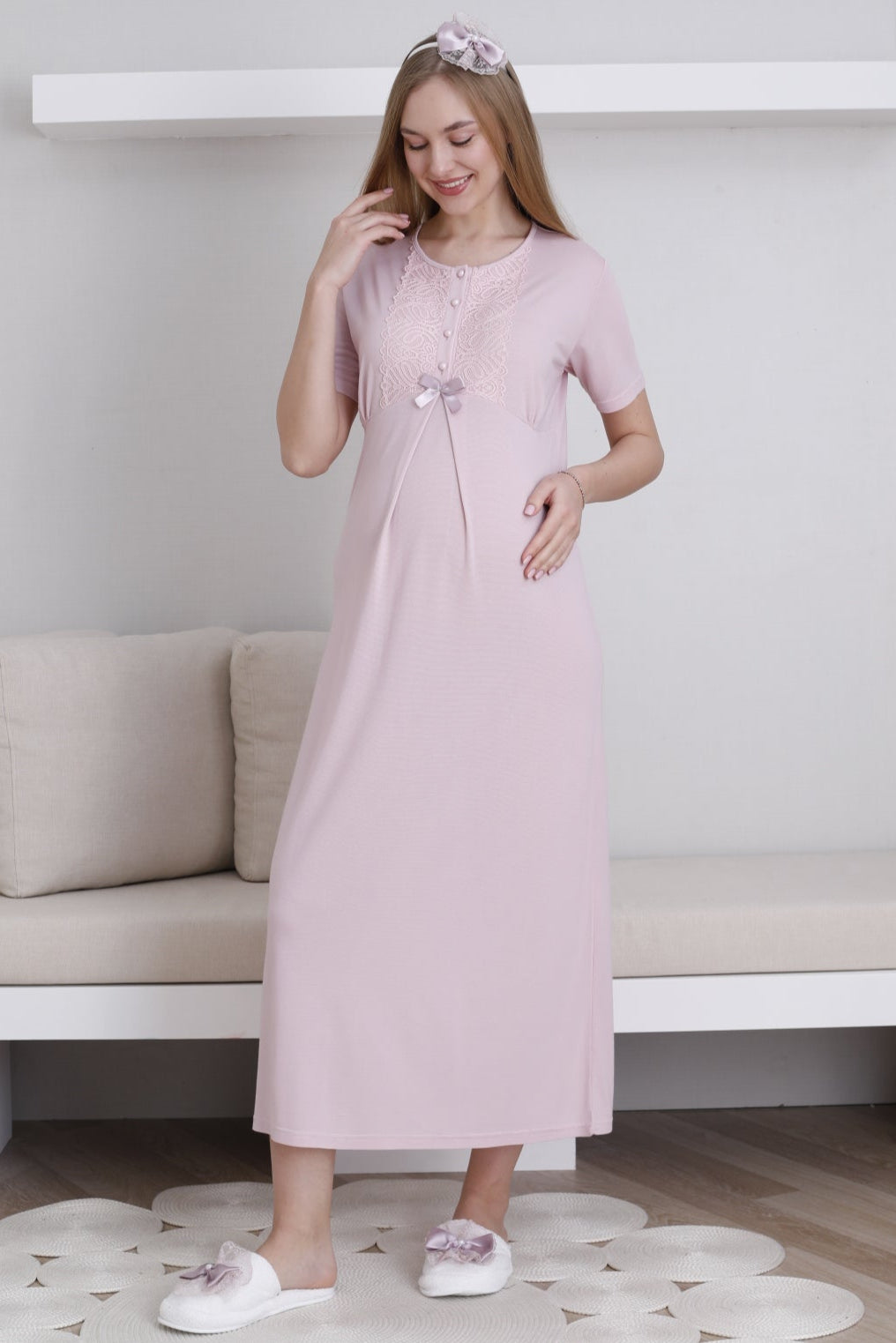Lace Collar Maternity Feeding-Friendly Nightgown & Lace Sleeve Robe Set Powder - Z2291