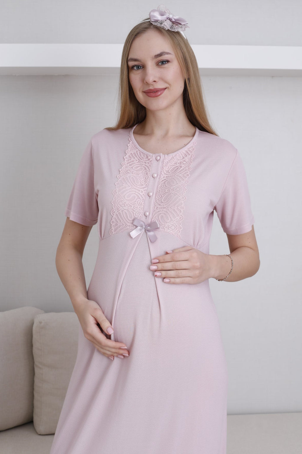 Lace Collar Maternity Feeding-Friendly Nightgown & Lace Sleeve Robe Set Powder - Z2291